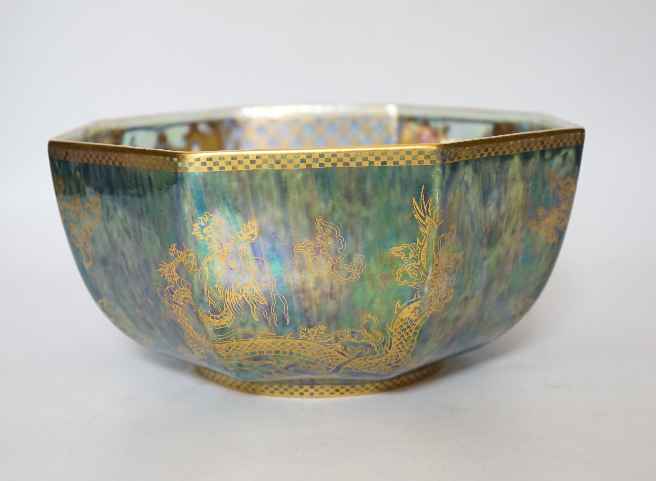 A Wedgwood ‘dragon’ lustre bowl of octagonal form, design number Z4831, decorated centrally with a dragon, 10cm